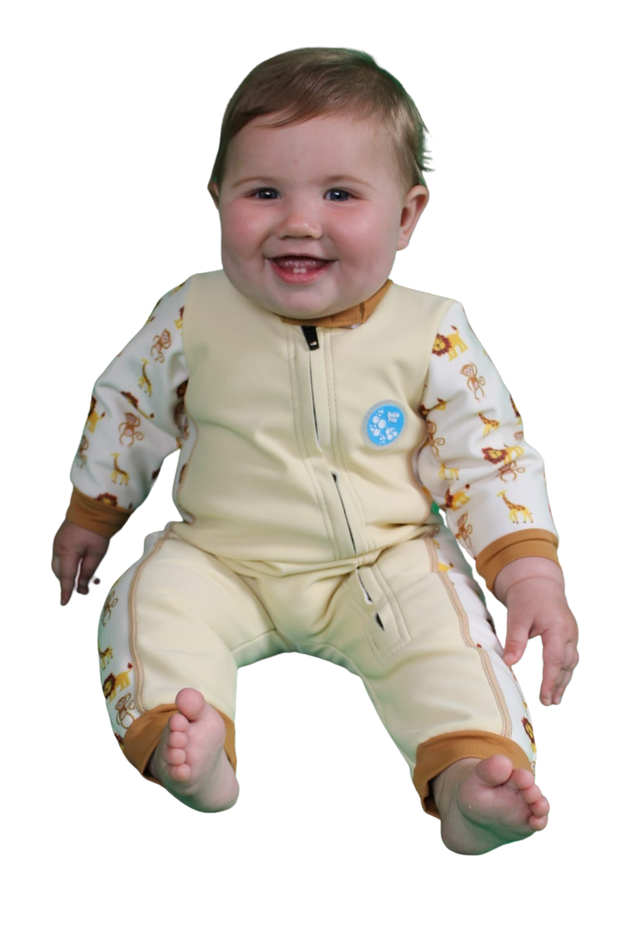Bubble Tots Easy Zip Thermal Swim Suit Yellow Safari  Design An image of the Bubble Tots Easy Zip Thermal Swimsuit in Yellow Beige Safari design. The design features playful Lions, Monkeys and Giraffes. The background colour is a soothing neutral tone with pops of vibrant Safari Animal illustrations