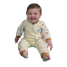 Bubble Tots Easy Zip Thermal Swim Suit Yellow Safari  Design An image of the Bubble Tots Easy Zip Thermal Swimsuit in Yellow Beige Safari design. The design features playful Lions, Monkeys and Giraffes. The background colour is a soothing neutral tone with pops of vibrant Safari Animal illustrations