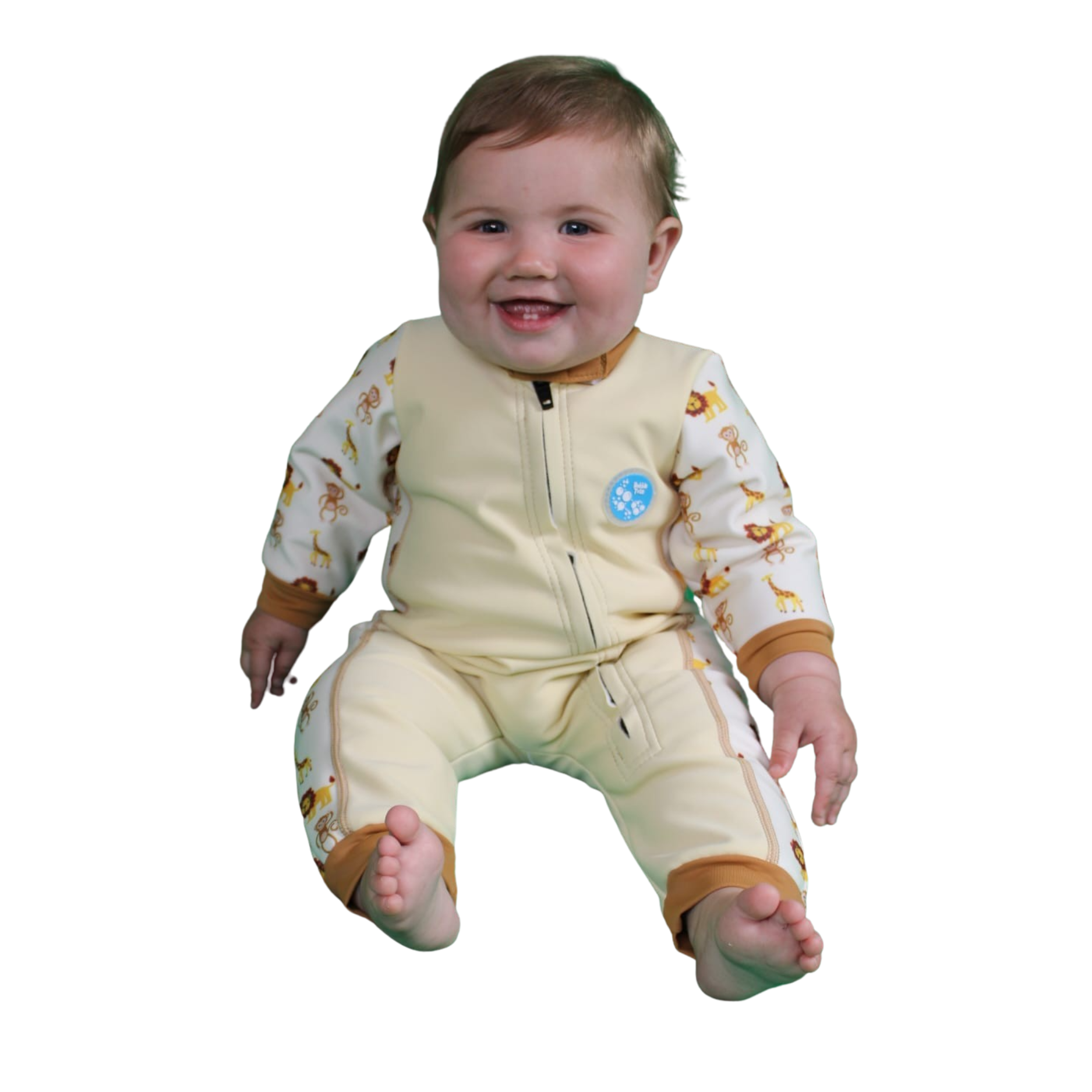 Bubble Tots Easy Zip Thermal Swim Suit Yellow Safari  Design An image of the Bubble Tots Easy Zip Thermal Swimsuit in Yellow Beige Safari design. The design features playful Lions, Monkeys and Giraffes. The background colour is a soothing neutral tone with pops of vibrant Safari Animal illustrations
