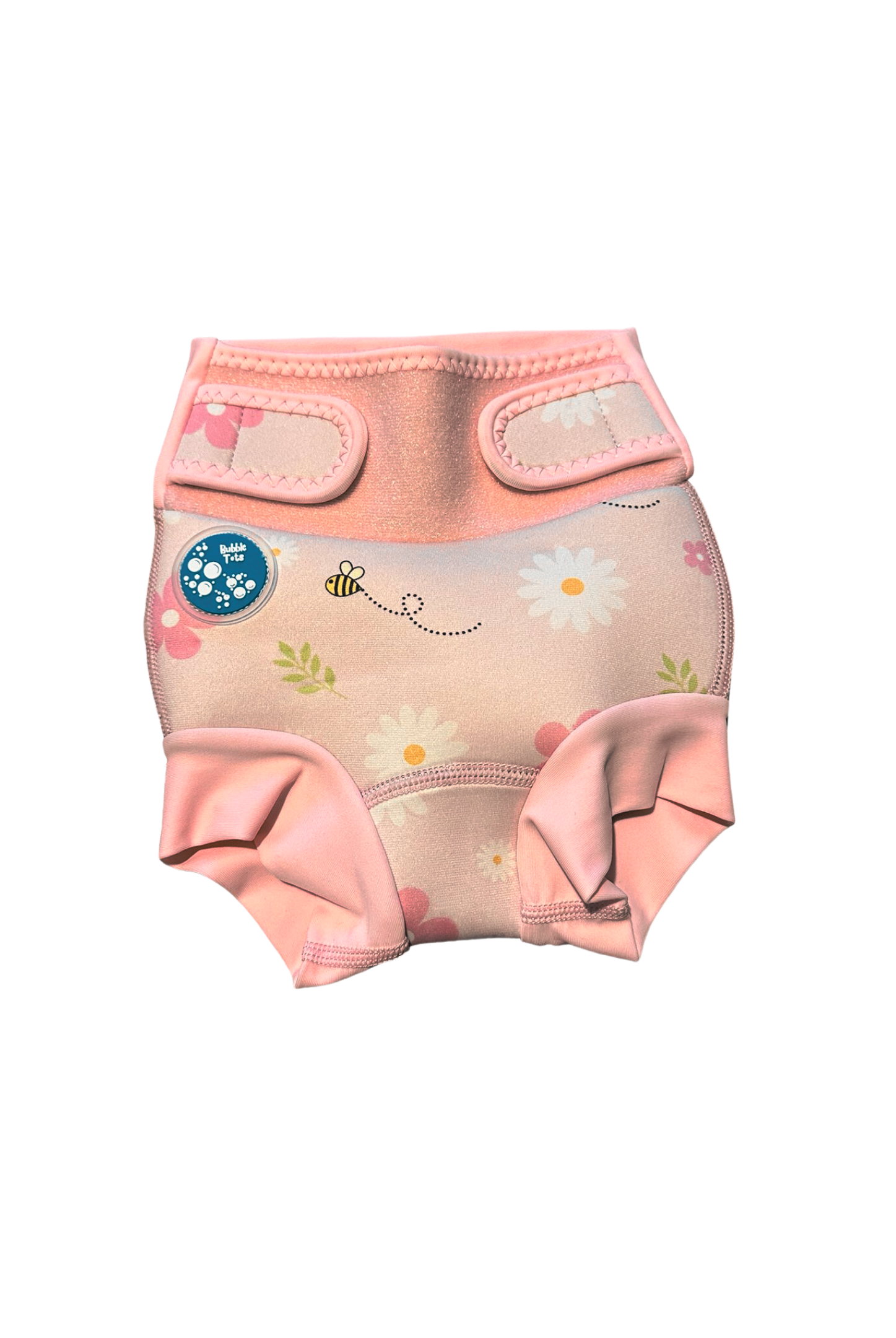 Bubble Tots Go Anywhere Swim Nappy Pink Flowers and Bees Spring Design An image of the Bubble Tots Go Anywhere Swim Nappy in Pink Flowers and Bees Spring design. The design features playful Bees and Flowers.