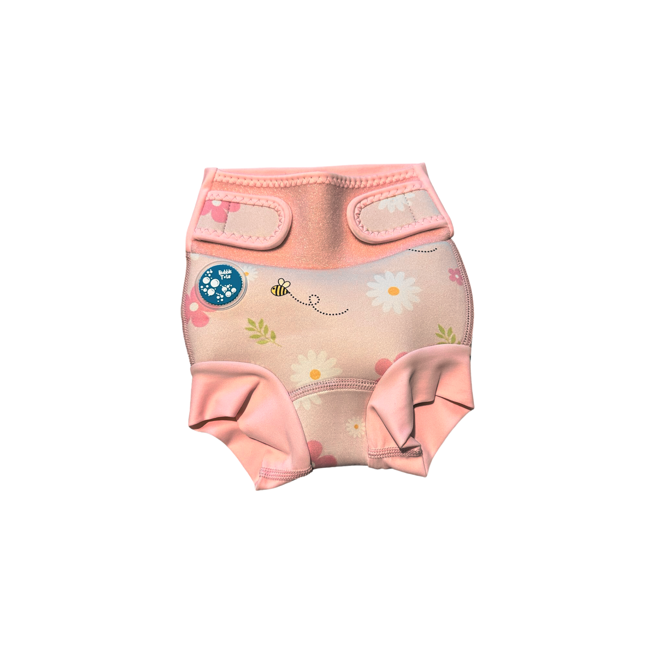 Bubble Tots Go Anywhere Swim Nappy Pink Flowers and Bees Spring Design An image of the Bubble Tots Go Anywhere Swim Nappy in Pink Flowers and Bees Spring design. The design features playful Bees and Flowers.