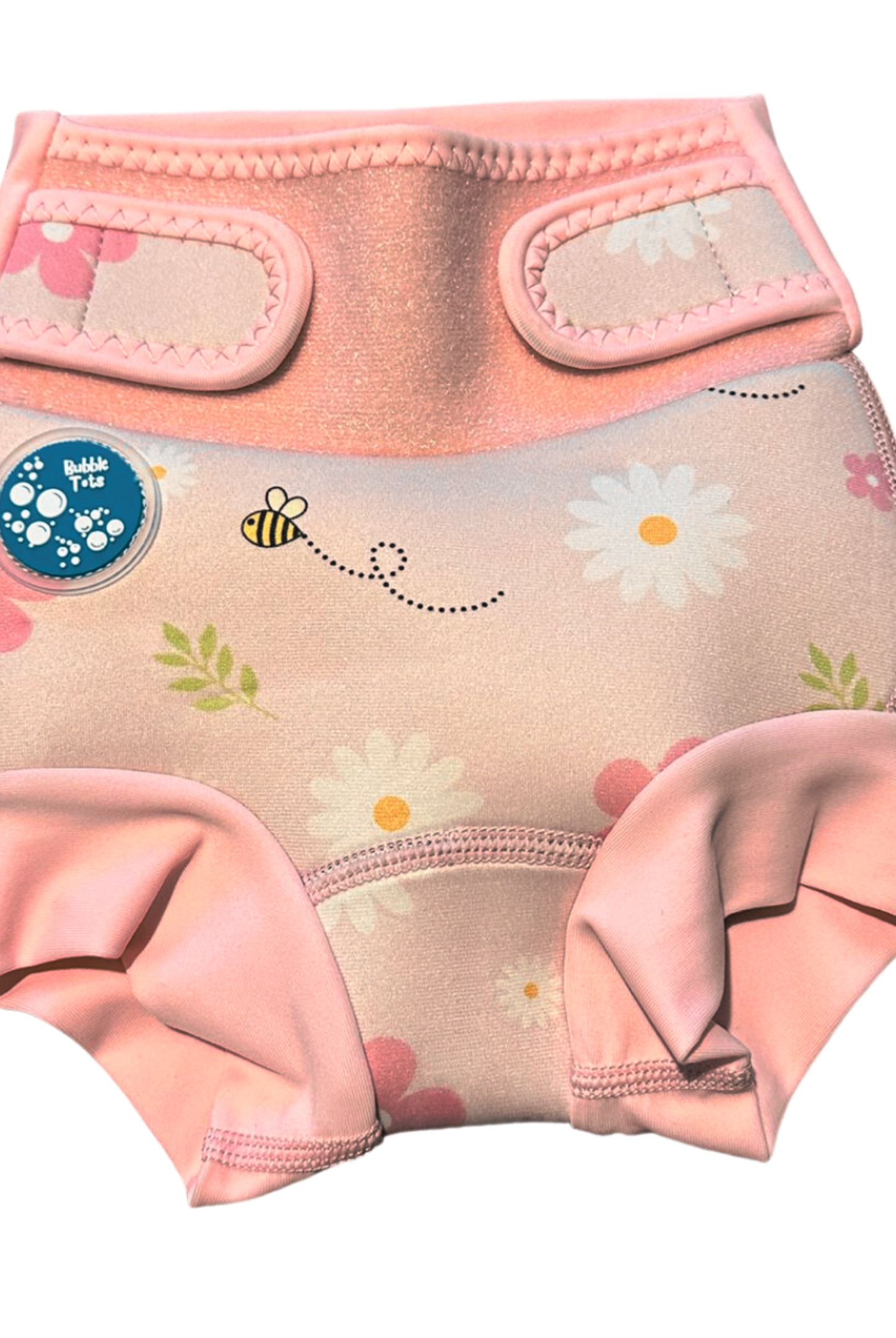 Bubble Tots Go Anywhere Swim Nappy Pink Flowers and Bees Spring Design An image of the Bubble Tots Go Anywhere Swim Nappy in Pink Flowers and Bees Spring design. The design features playful Bees and Flowers.