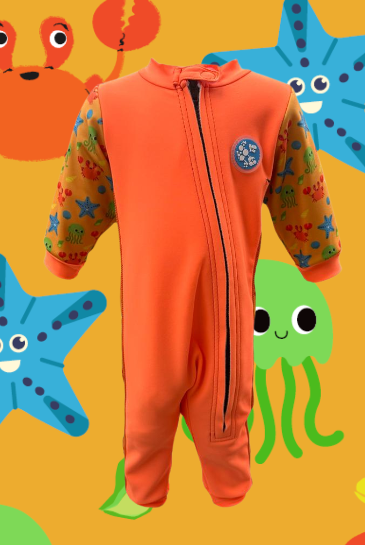 An image of the Bubble Tots Easy Zip Thermal Swimsuit in Orange Under the Sea design. The design features playful Starfish, Jellyfish. Crabs and Shells. The background colour is a bright vibrant orange tone with pops of vibrant sea creature illustrations