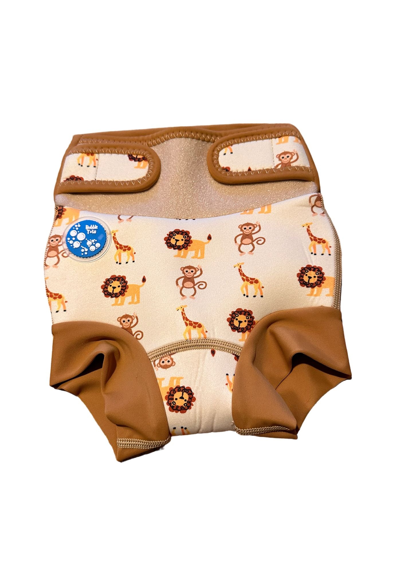 Bubble Tots Go Anywhere Swim Nappy Safari Animals Design An image of the Bubble Tots Go Anywhere Swim Nappy in Yellow Beige Safari Animals design. The design features playful Monkeys, Giraffes and Lions.