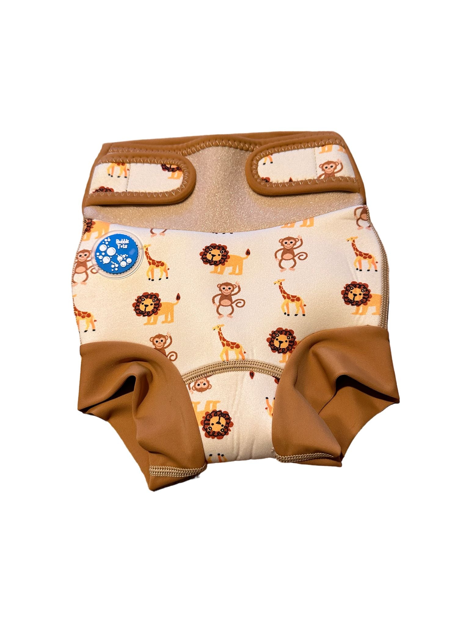 Bubble Tots Go Anywhere Swim Nappy Safari Animals Design An image of the Bubble Tots Go Anywhere Swim Nappy in Yellow Beige Safari Animals design. The design features playful Monkeys, Giraffes and Lions.