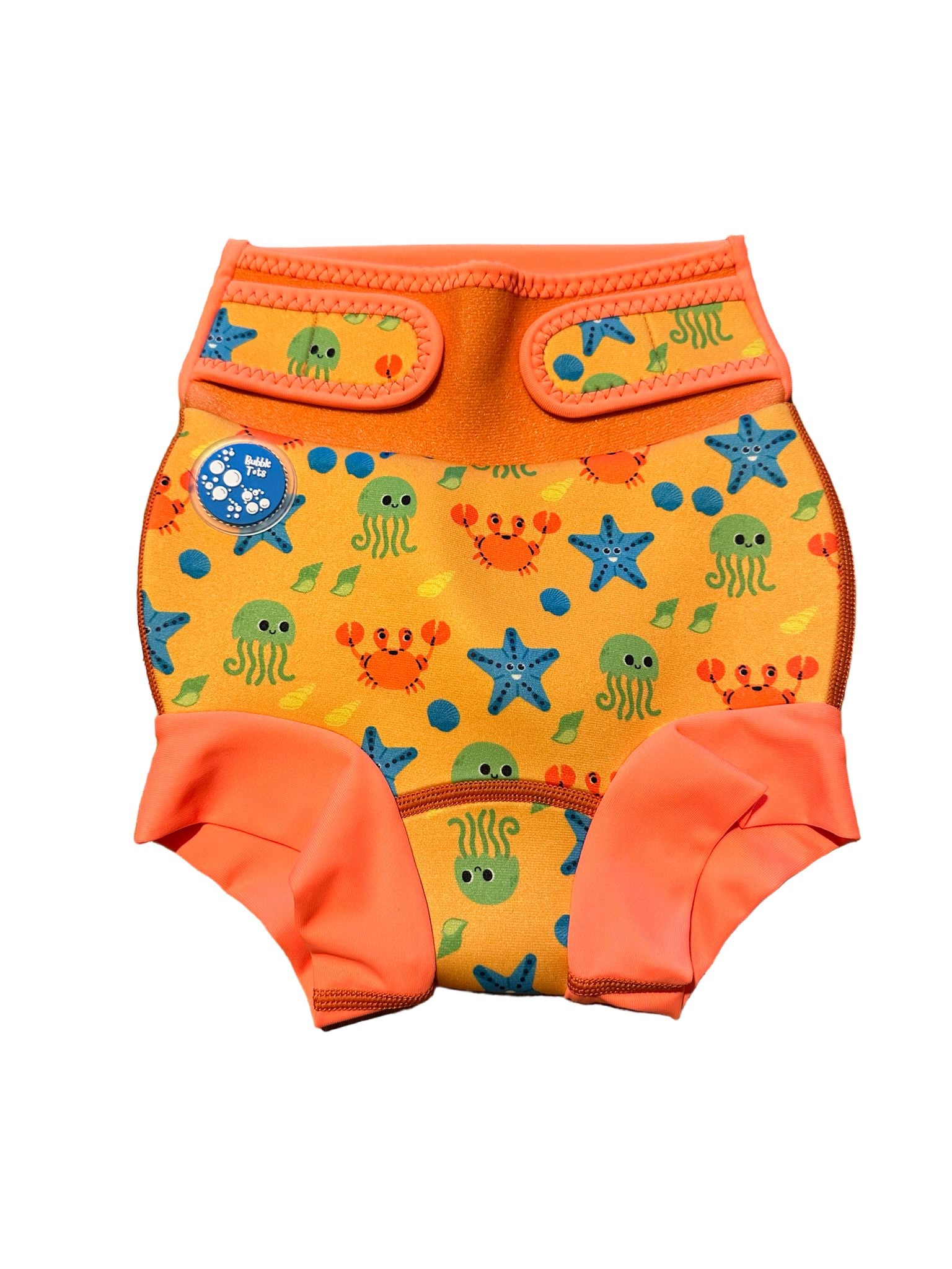 Bubble Tots Go Anywhere Swim Nappy Bright Orange Under The Sea Design An image of the Bubble Tots Go Anywhere Swim Nappy in Orange Under The Sea design. The design features playful Starfish, Jellyfish, Crabs and Shells..