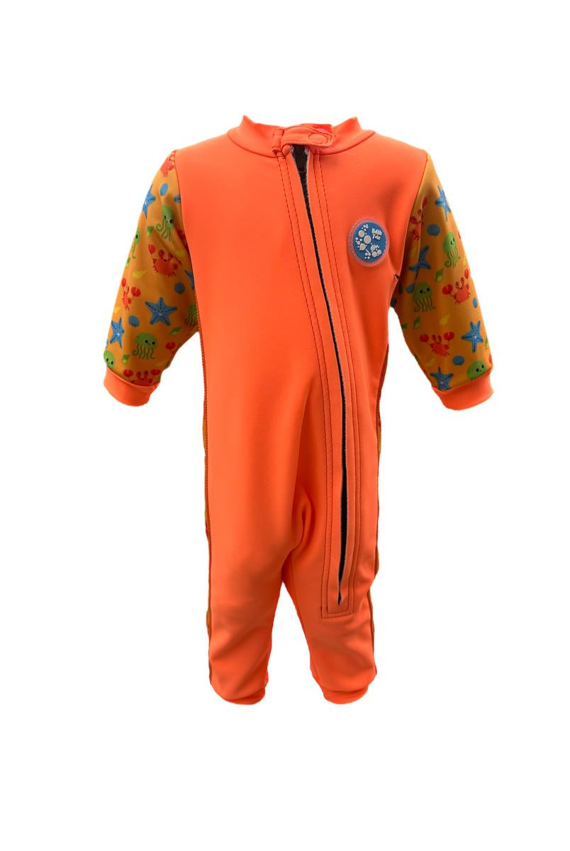 An image of the Bubble Tots Easy Zip Thermal Swimsuit in Orange Under the Sea design. The design features playful Starfish, Jellyfish. Crabs and Shells. The background colour is a bright vibrant orange tone with pops of vibrant sea creature illustrations