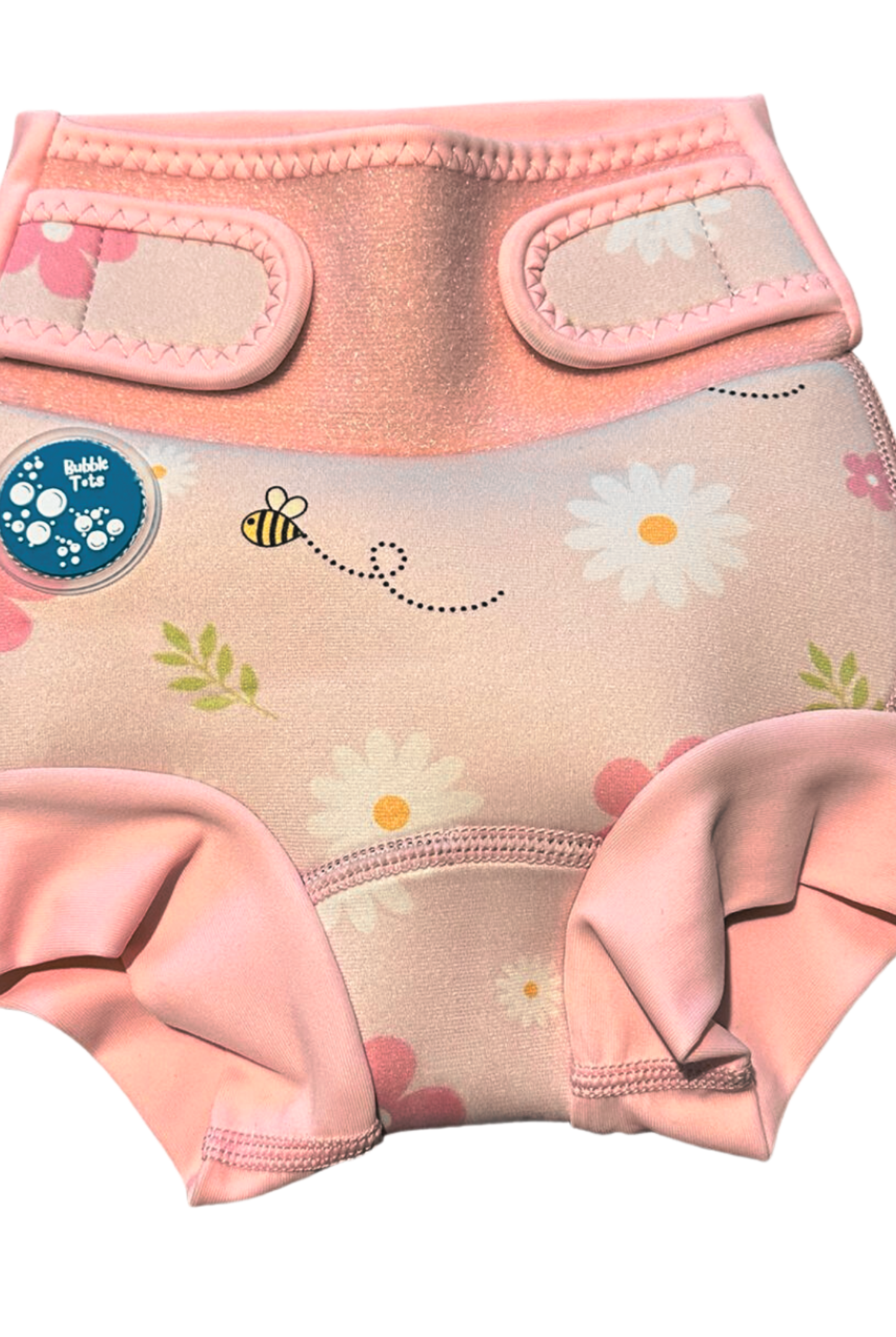 Bubble Tots Go Anywhere Swim Nappy Pink Flowers and Bees Spring Design An image of the Bubble Tots Go Anywhere Swim Nappy in Pink Flowers and Bees Spring design. The design features playful Bees and Flowers. 