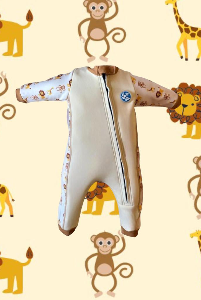 An image of the Bubble Tots Easy Zip Thermal Swimsuit in Yellow Beige Safari design. The design features playful Lions, Monkeys and Giraffes. The background colour is a soothing neutral tone with pops of vibrant Safari Animal illustrations