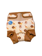 Bubble Tots Go Anywhere Swim Nappy Safari Animals Design An image of the Bubble Tots Go Anywhere Swim Nappy in Yellow Beige Safari Animals design. The design features playful Monkeys, Giraffes and Lions. 