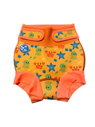 Bubble Tots Go Anywhere Swim Nappy Bright Orange Under The Sea Design An image of the Bubble Tots Go Anywhere Swim Nappy in Orange Under The Sea design. The design features playful Starfish, Jellyfish, Crabs and Shells.. 