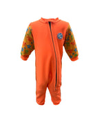 An image of the Bubble Tots Easy Zip Thermal Swimsuit in Orange Under the Sea design. The design features playful Starfish, Jellyfish. Crabs and Shells. The background colour is a bright vibrant orange tone with pops of vibrant sea creature illustrations