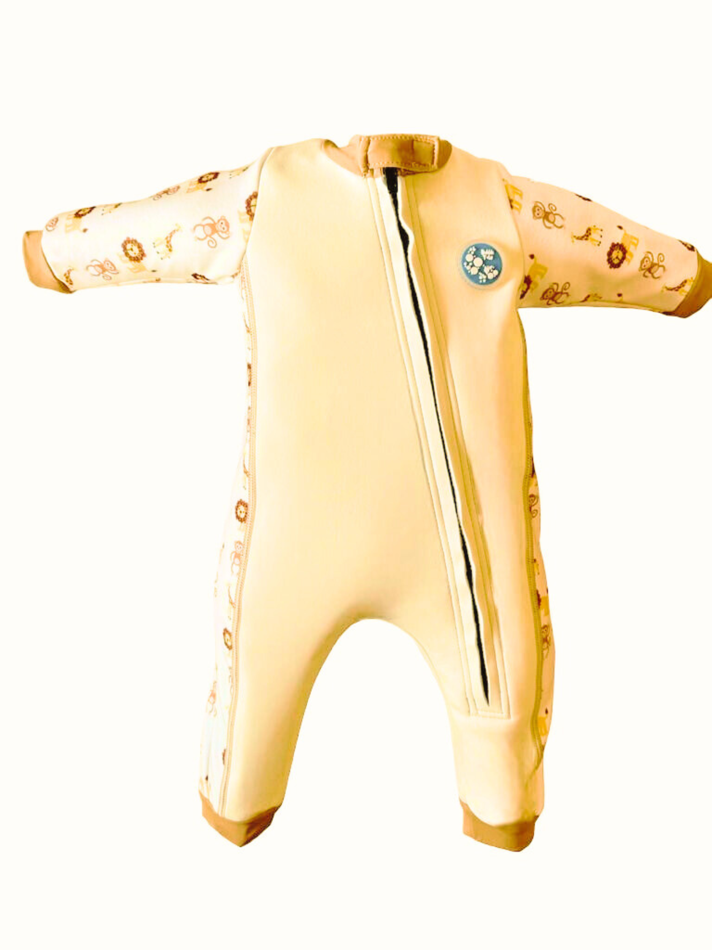 An image of the Bubble Tots Easy Zip Thermal Swimsuit in Yellow Beige Safari design. The design features playful Lions, Monkeys and Giraffes. The background colour is a soothing neutral tone with pops of vibrant Safari Animal illustrations