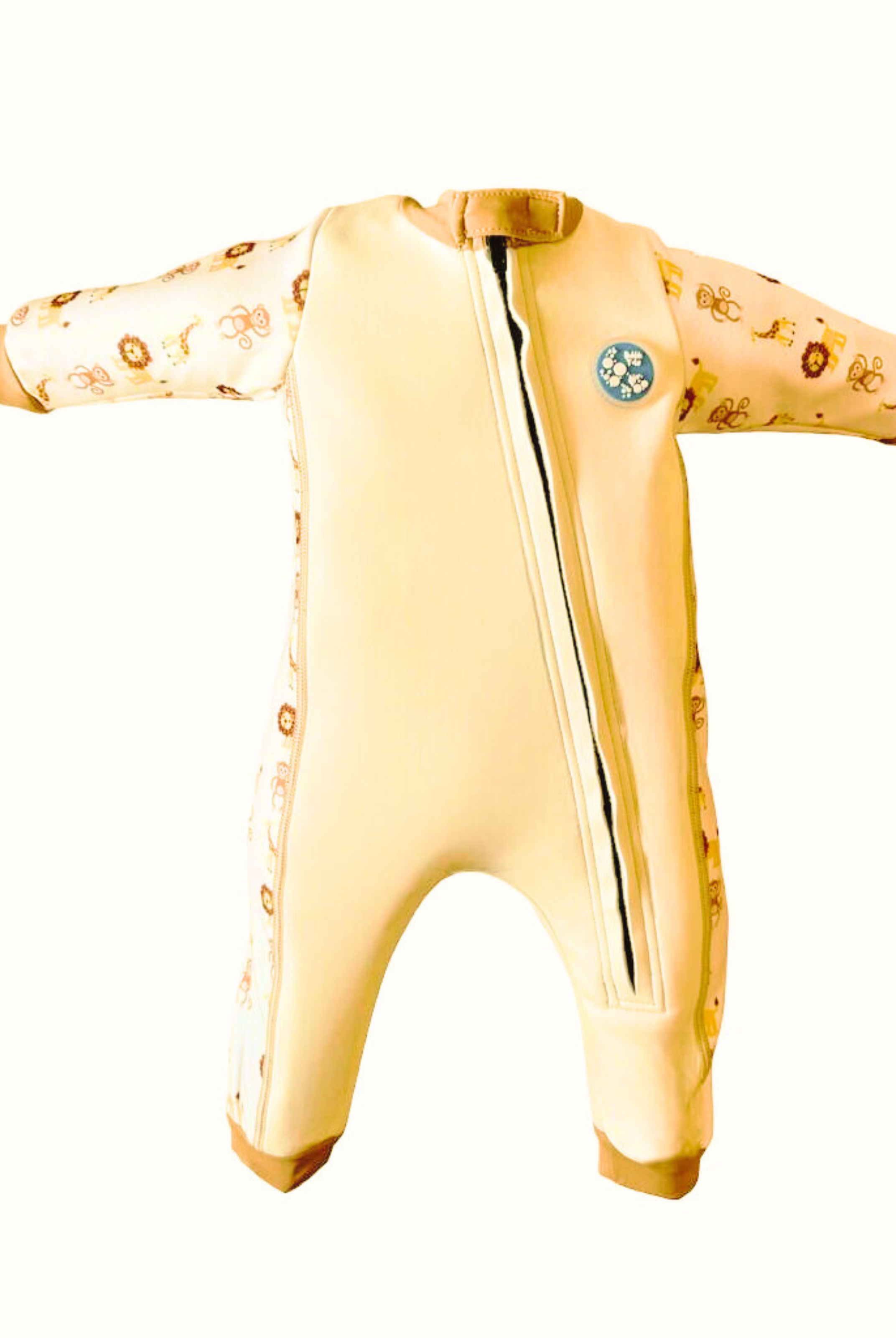 An image of the Bubble Tots Easy Zip Thermal Swimsuit in Yellow Beige Safari design. The design features playful Lions, Monkeys and Giraffes. The background colour is a soothing neutral tone with pops of vibrant Safari Animal illustrations